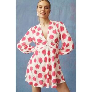Rixo X RTR Hebe Dress Floral V Neck Long Sleeve Mini White Pink M